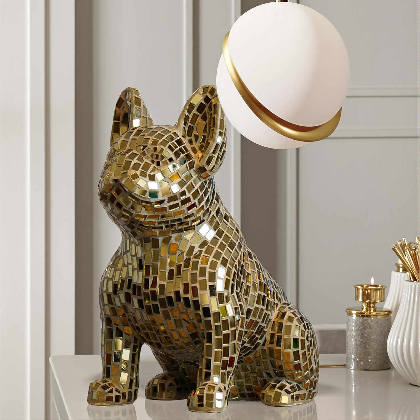 Premium Champagne Gold Mirrored French Bulldog Sculpture – Handcrafted Mosaic Art with Reflective Tile Finish, Designer Home Statement Piece