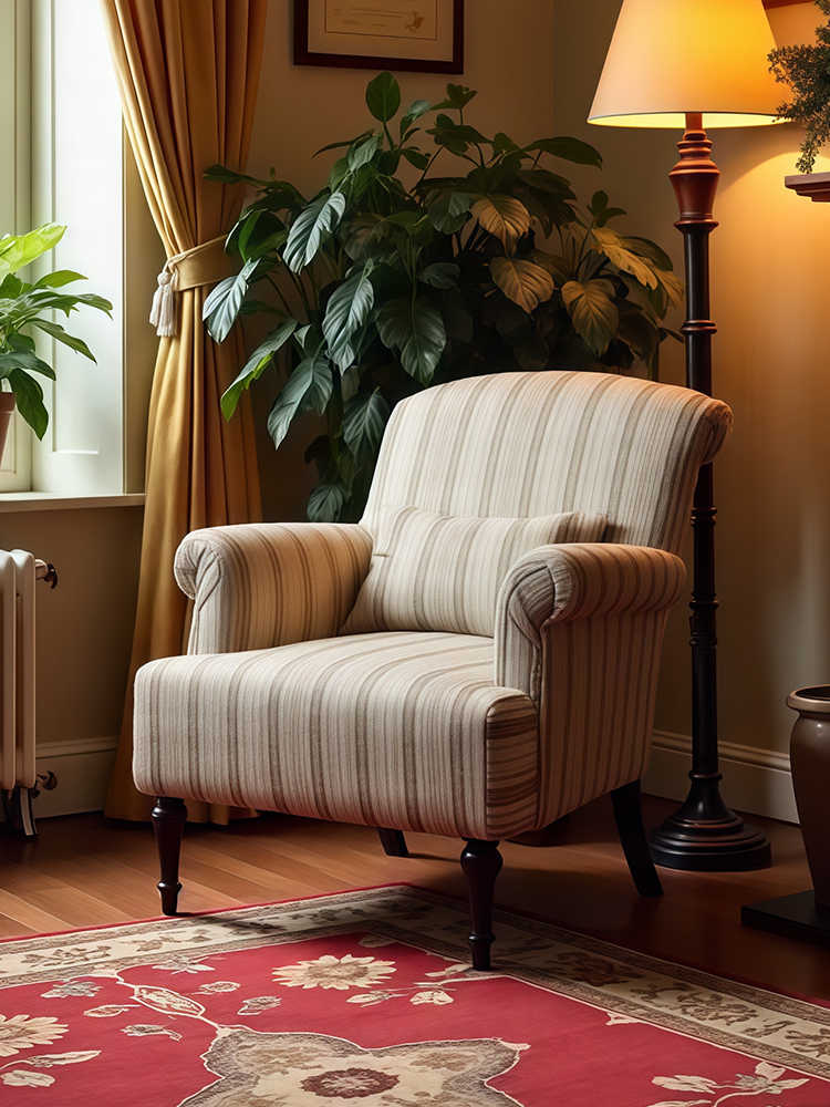 Vintage High-Back Tiger Armchair & Ottoman Set – Retro Striped Single Sofa for Living Room, Balcony, Homestay, or Study
