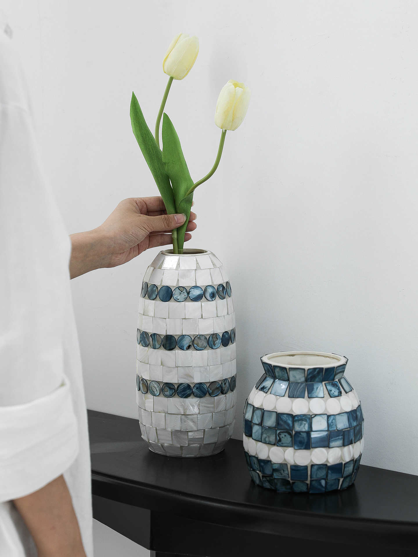 Blue & White Ceramic Vase Set, Mosaic Dot Flower Vases for Water and Tabletop Décor – Tall & Short Pair