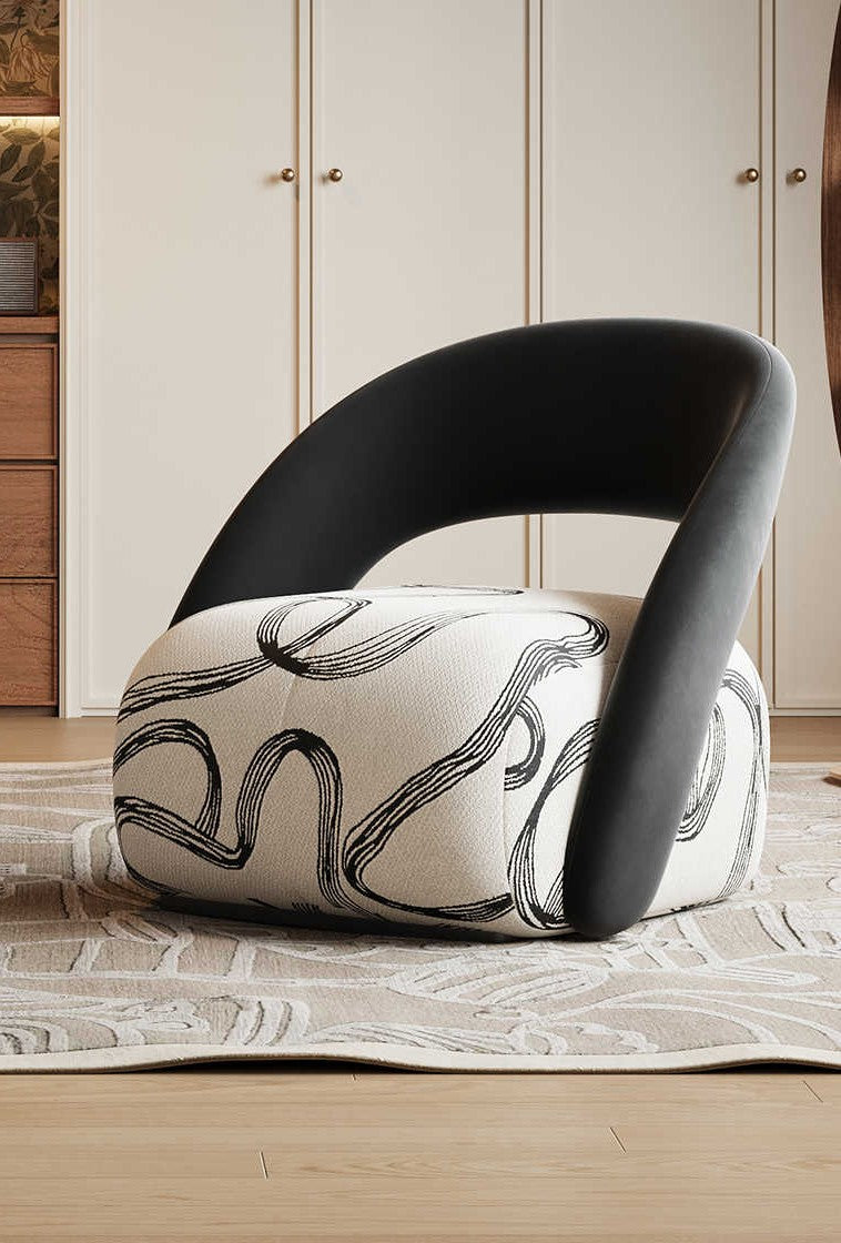Contemporary Sculptural Lounge Chair with Abstract Print Upholstery, Modern Single Seat Armchair with Curved Wood Frame, Designer Living Room Accent Chair
