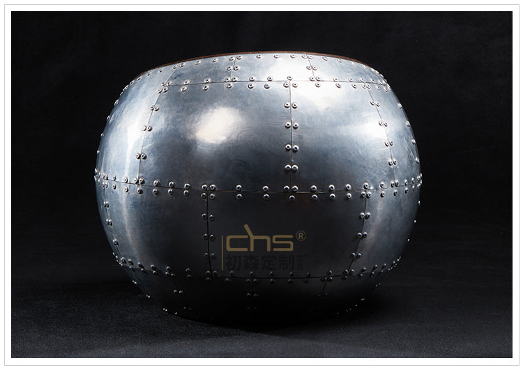 SPITFIRE Aluminum Riveted Sphere Ottoman with Leather Top, Aviation-Inspired Industrial Metal Accent Stoo