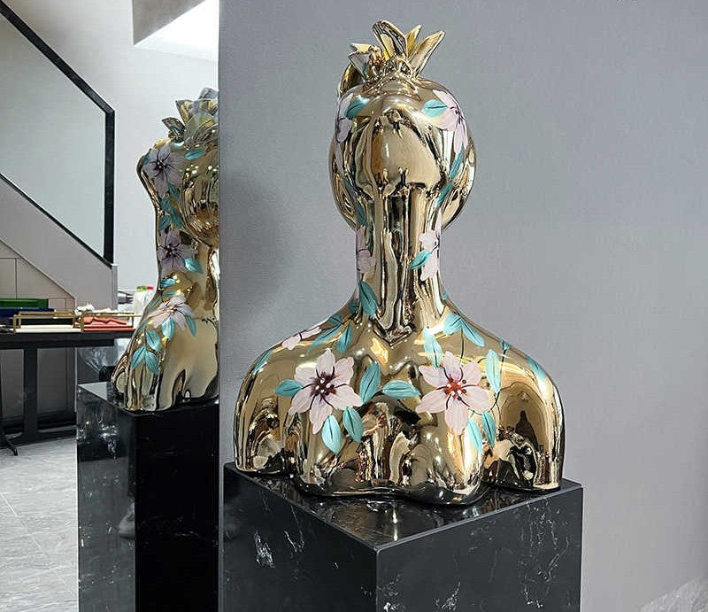 Golden Abstract Resin Girl Sculpture with Hand-Painted Floral Decor, Modern Artistic Bust for Showroom & Display,