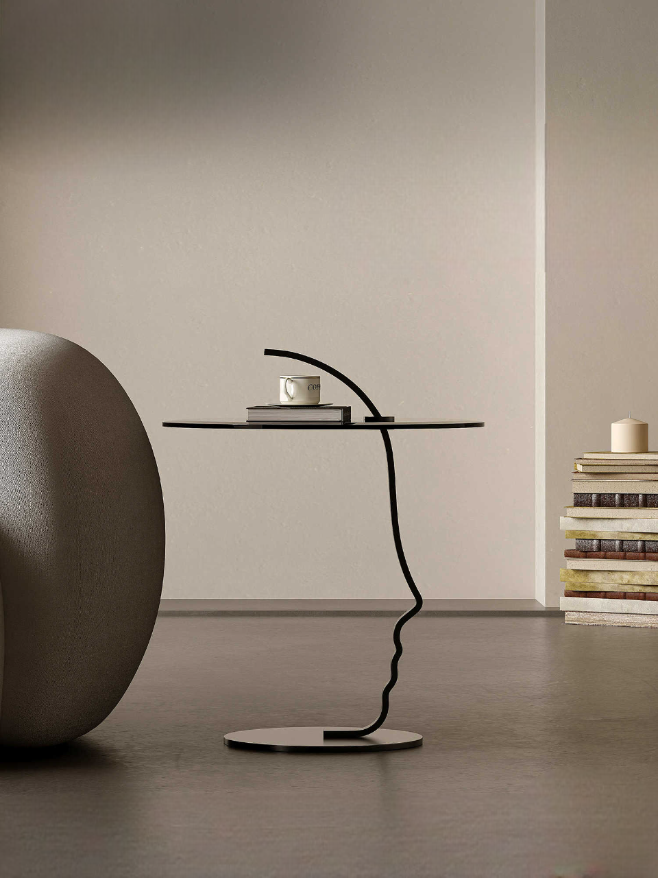 Designer Glass Side Table, Modern Minimalist Sculptural Accent Table for Small Spaces, Creative Curved Design