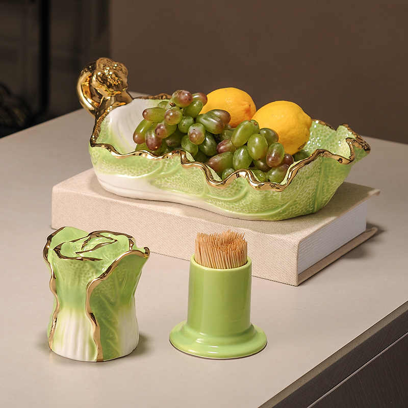 Luxury Cabbage Ceramic Fruit Plate, High-End Green Gold Home Table Centerpiece for Living Room, Tea Table, or Gift