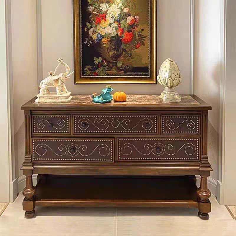 American Art Deco Sideboard with Nailhead Trim & Marble Top, French Vintage Style Whiskey Collection Cabinet with Turned Legs
