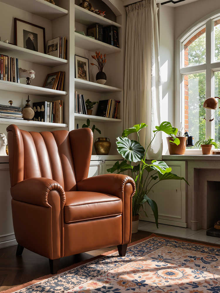 Vintage Leather Tiger Chair – Retro Single Lounge Armchair for Living Room, Balcony, or Reading Nook