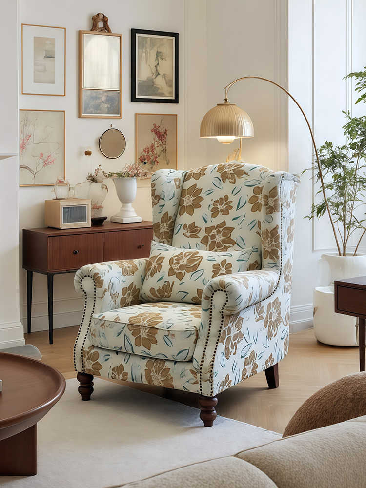 Vintage Floral High-Back Chair Set – Lounge Armchair and Ottoman, Balcony/Bedroom/Reading