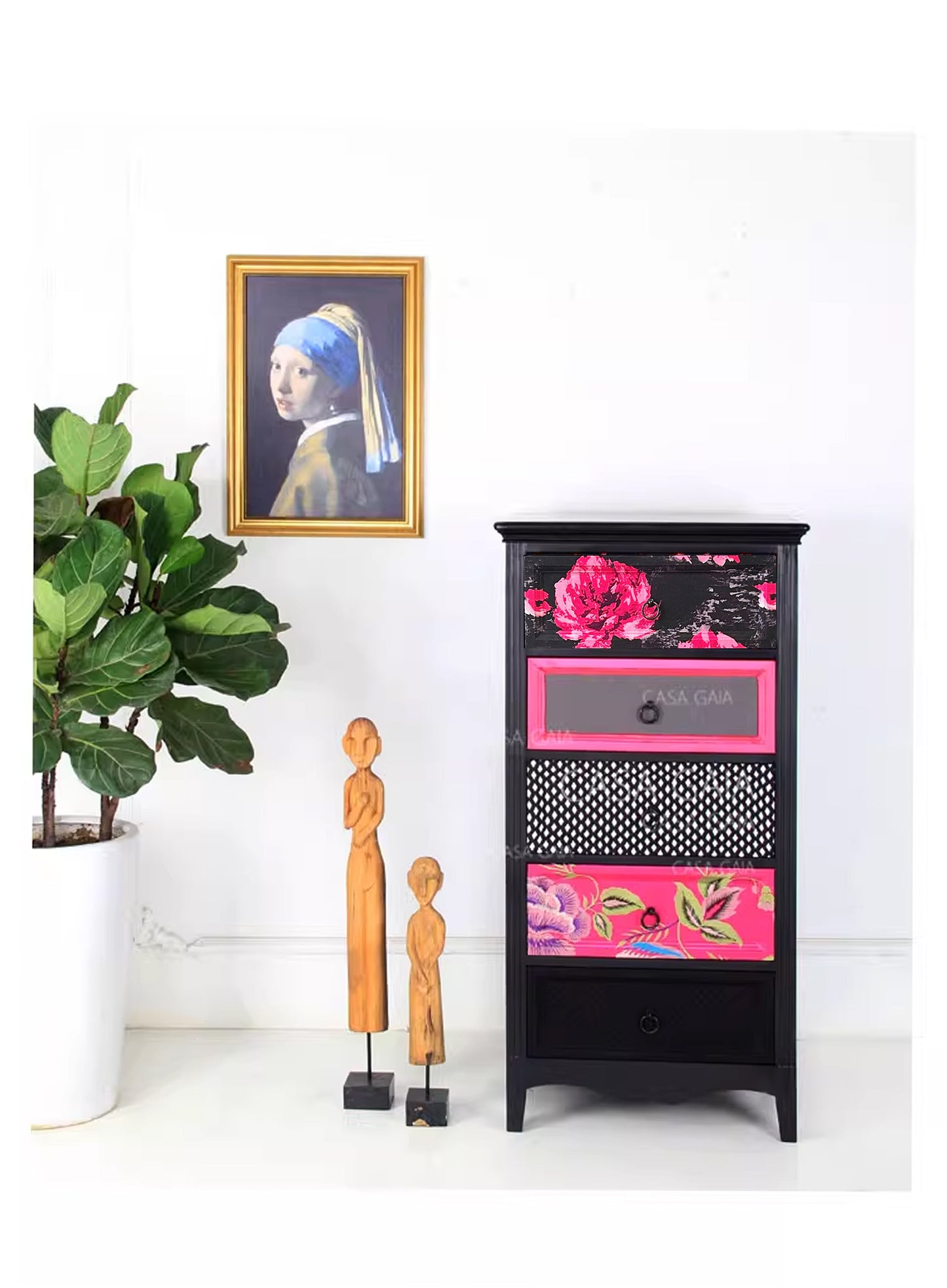 CASA GAIA Designer European Solid Wood Carved Chest, 5-Drawer Upholstered Storage Cabinet