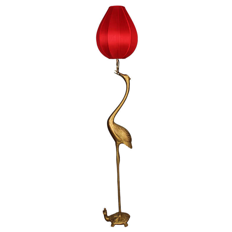 Crane Floor Lamp with Silk Lantern Shade, Zen Buddhist Inspired Brass Bird Base with Traditional Red Fabric