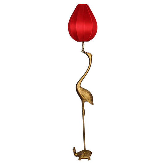 Crane Floor Lamp with Silk Lantern Shade, Zen Buddhist Inspired Brass Bird Base with Traditional Red Fabric