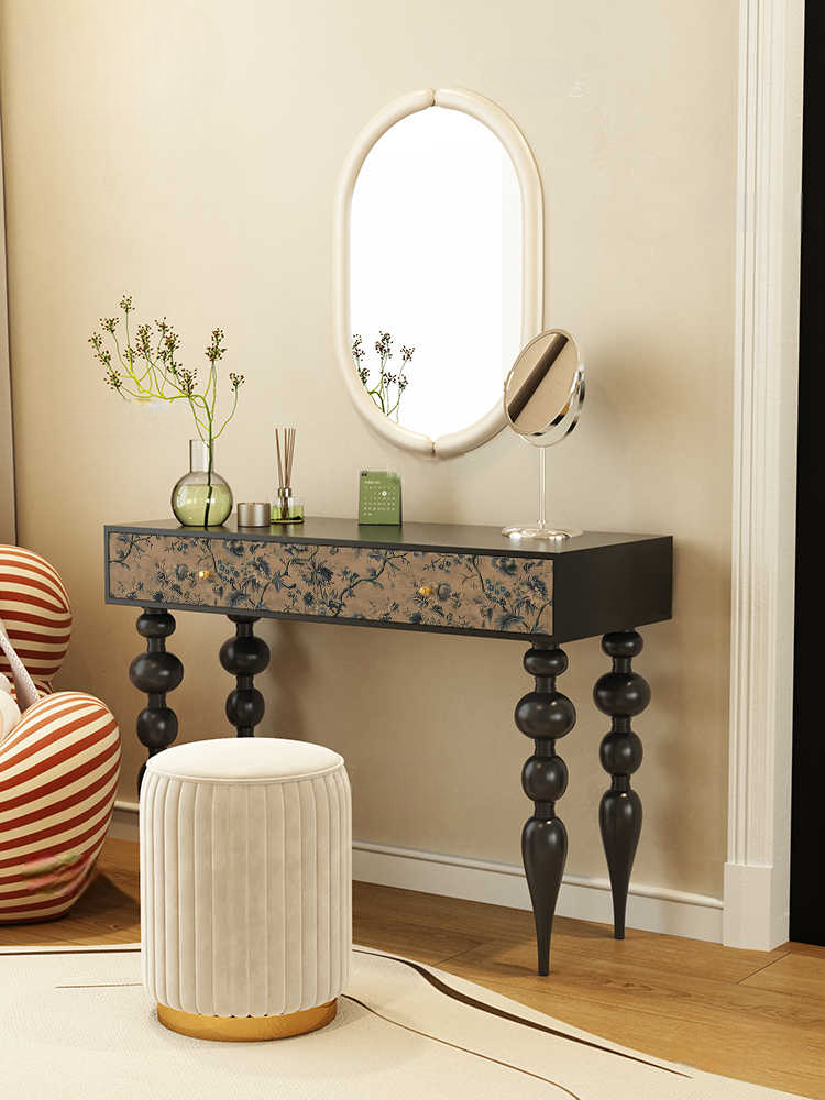 Vintage Solid Ash Wood Dressing Table, Black Retro Vanity & Writing Desk for Bedroom, Small Apartment