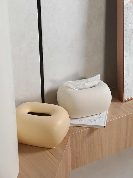 Luxury Ceramic Pebble Tissue Box Set of 2, Chunky Cream White & Light Yellow High-End Table Organizer for Living Room/Bedroom/Villa