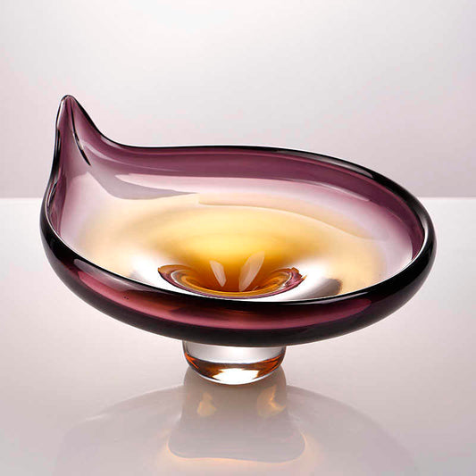 Minimalist Luxury Art Glass Pedestal Fruit Bowl, Handcrafted Purple-Amber Gradient Serving Dish with Organic Wave Design, Modern Desktop Centerpiece