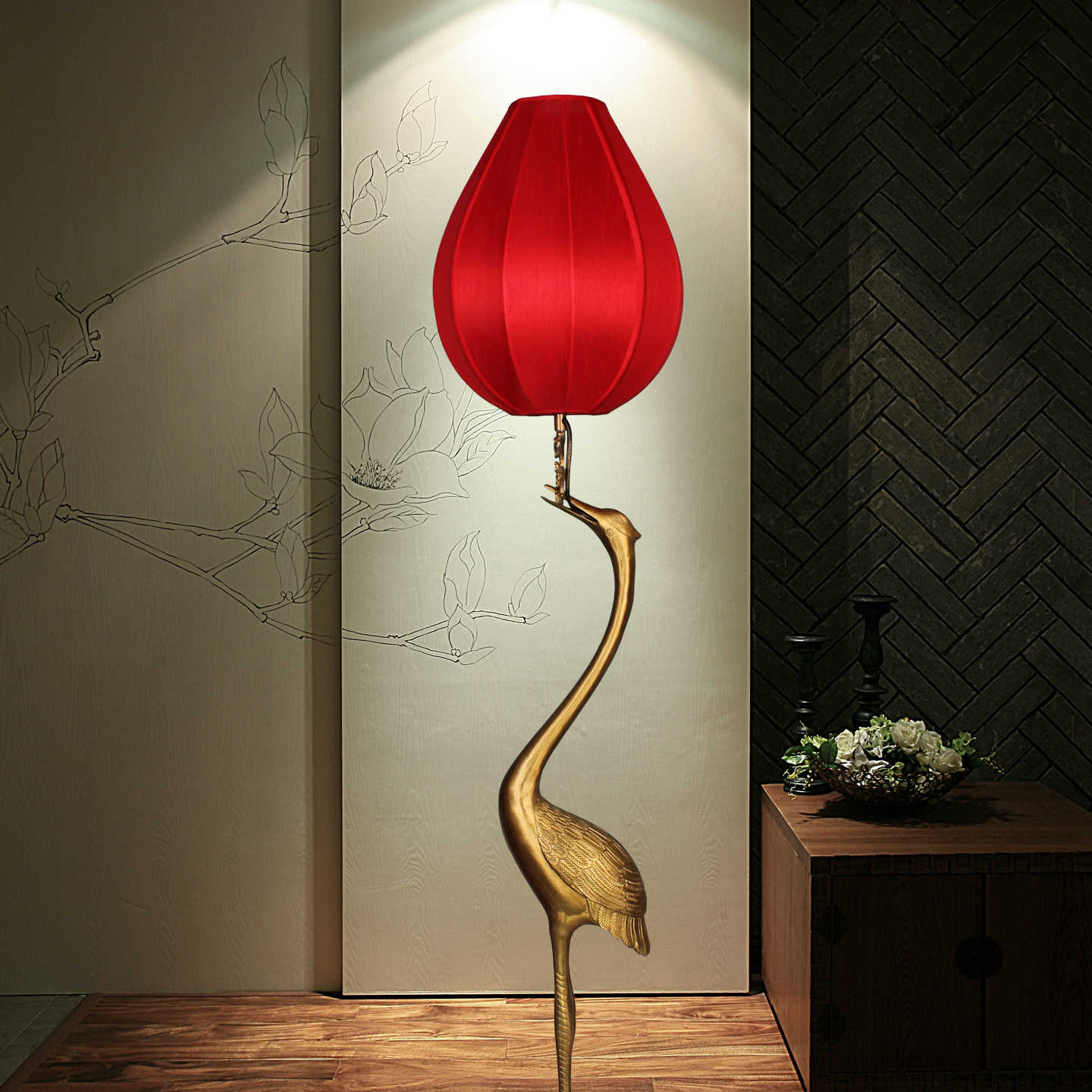 Crane Floor Lamp with Silk Lantern Shade, Zen Buddhist Inspired Brass Bird Base with Traditional Red Fabric