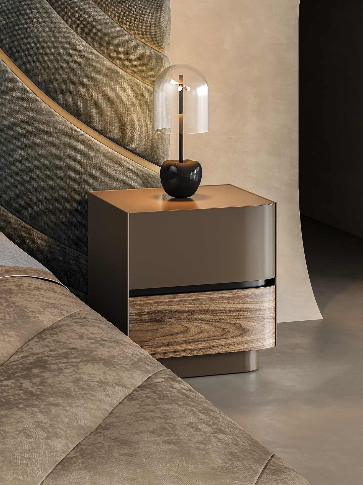 Kawadano Italian Modern Walnut Veneer Nightstand, Luxury Lacquered Bedside Table with Storage
