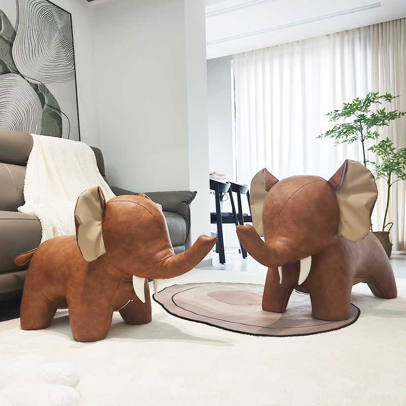 Luxury Elephant-Shaped Ottoman Stool Set, Premium Faux Leather Animal Sculptural Seating, Nordic Style Creative Shoe Changing Bench for Living Room