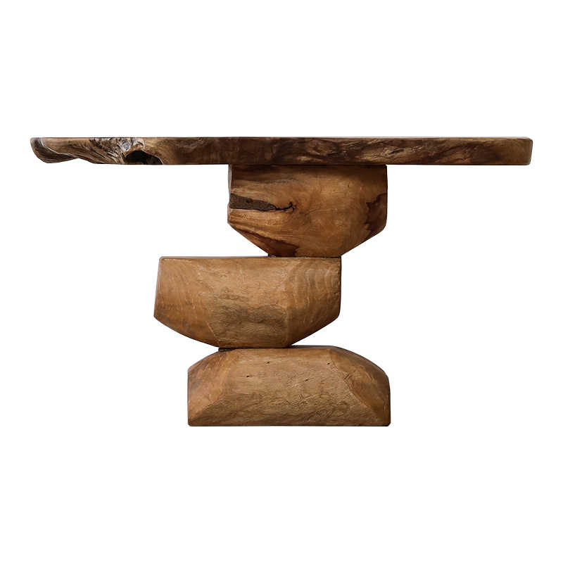 Wabi-Sabi Japanese Natural Wood Console Table, Designer Irregular Edge Stone-Stacked Entry Table for Hotel & Home