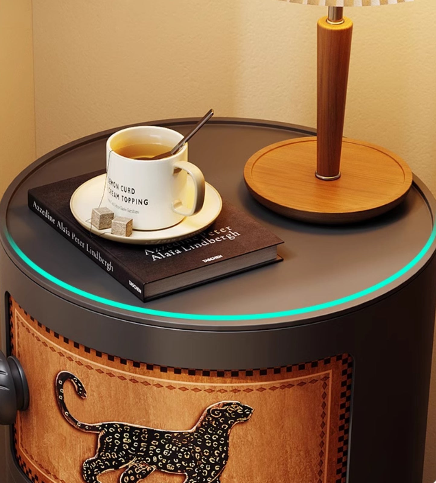 Compact 3-Tier Round Nightstand with LED Accent Light, Space-Saving Cylindrical Bedside Storage with Animal Art Panels, Creative Alternative to Traditional Nightstands