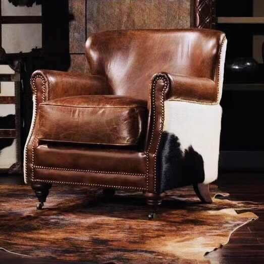Vintage "Tiger Chair" Club Armchair – Premium Italian Leather & Cowhide Upholstery with Brass Nailhead Trim, Export Quality Cigar Lounge Seating