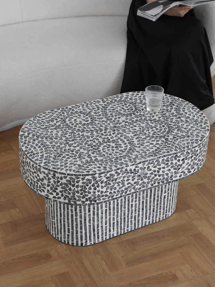 Vintage Gray Oval Coffee Table, Designer Statement Living Room Center Table for Sofa, Modern Shell Inlay Accent