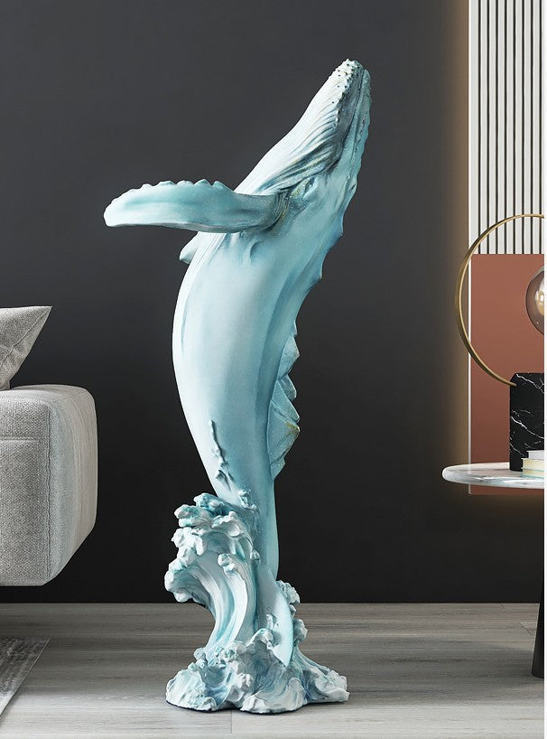 Luxury Large Whale Floor Sculpture with Night Light, Creative Blue Entryway & Living Room Decor Gift