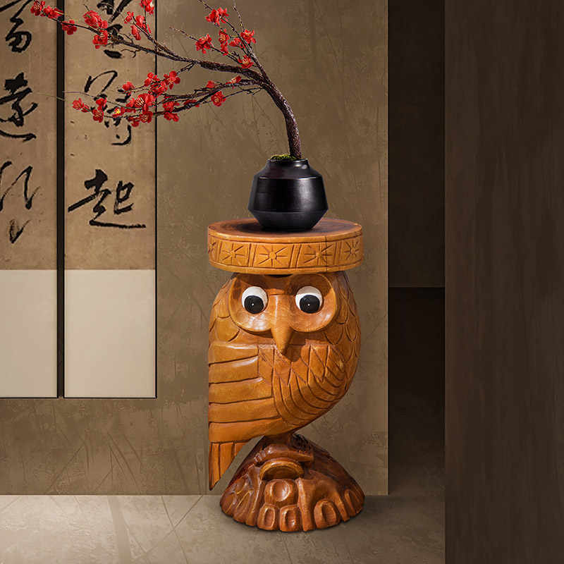 Thai Hand-Carved Wooden Owl Stool, Solid Wood Tree Stump Side Table for Shoe Changing & Plant Stand