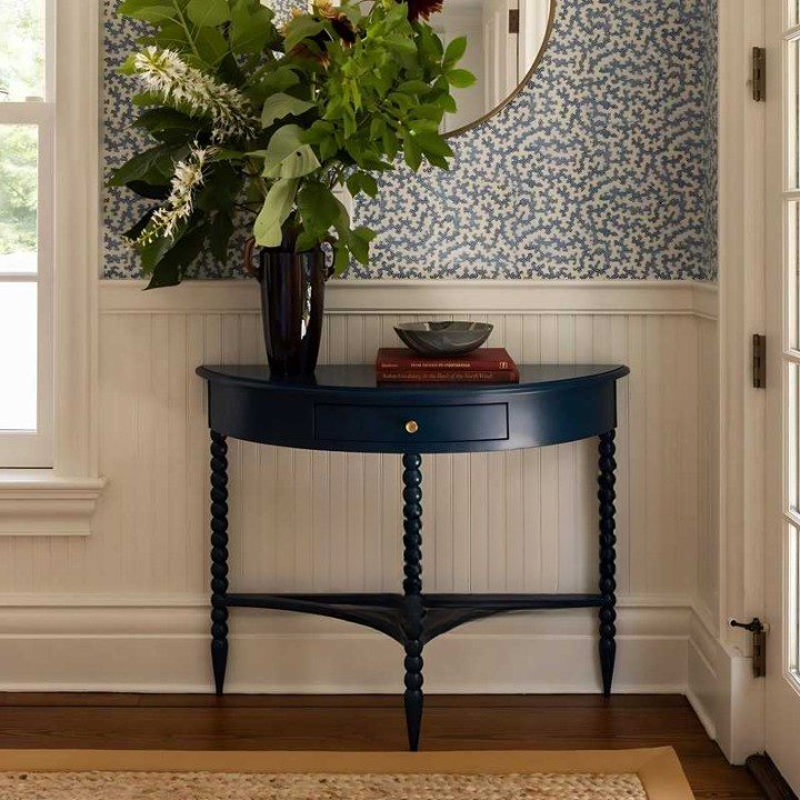 Black Solid Wood Half-Moon Console Table – Decorative Spindle Leg Entryway Table with Drawer, Semi-Circle Foyer Accent