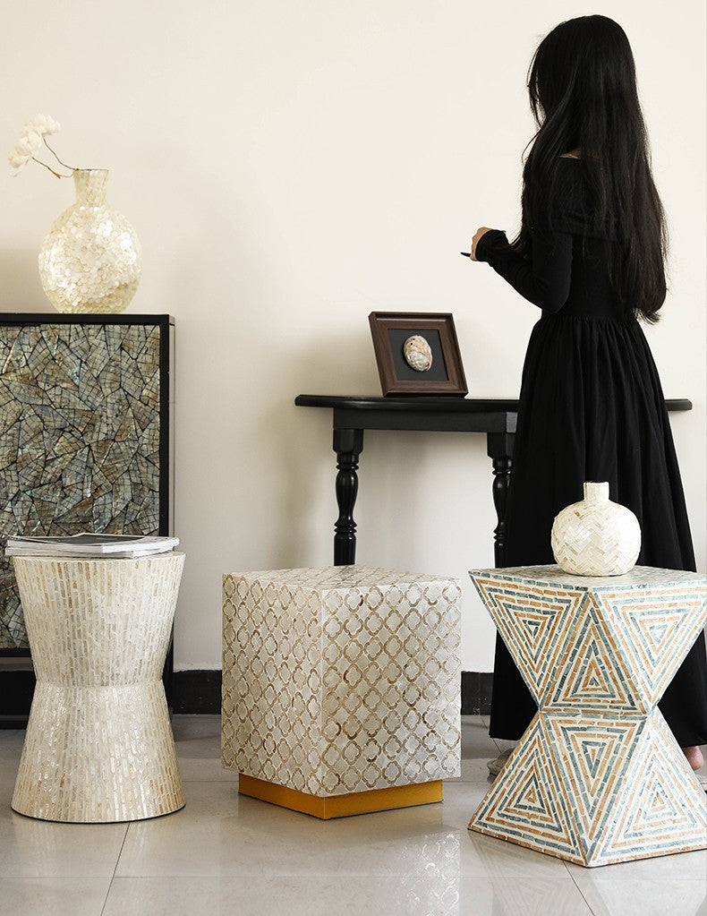 Modern Geometric Waist-Stool, Triangular Mosaic Side Table or Stool for Balcony, Living Room, and Entryway