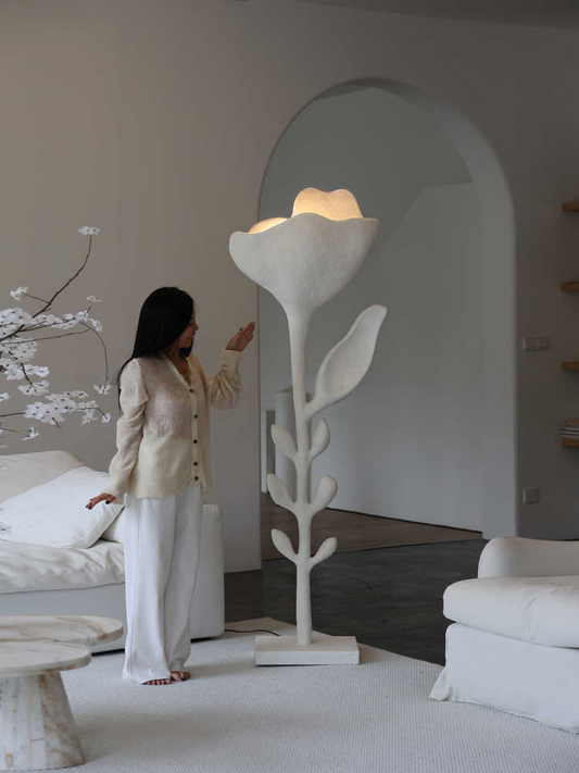 Floral Art Sculpture Floor Lamp, White Distressed Fiberglass Flower Design for Modern Living Room, Studio, or Hotel Decor