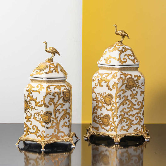 Luxury White & Gold Porcelain Ginger Jar Set with Brass Base – Modern Decorative Canister, Entryway Centerpiece, Set of 2