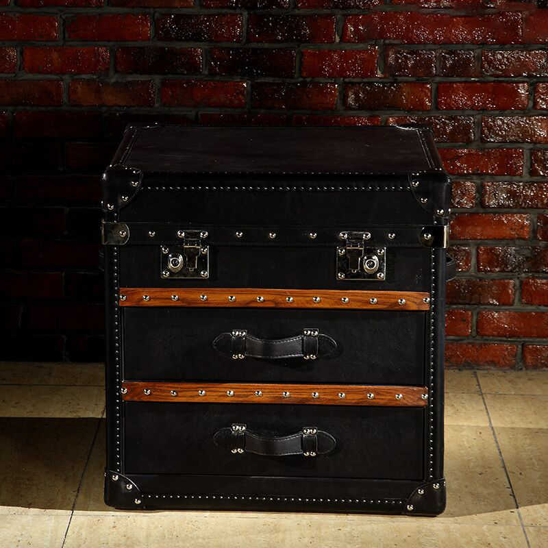 Vintage American Steamer Trunk Coffee Table – Premium Oil-Wax Faux Leather Storage Chest with Leather Straps, Classic Hotel & Cigar Bar Furniture