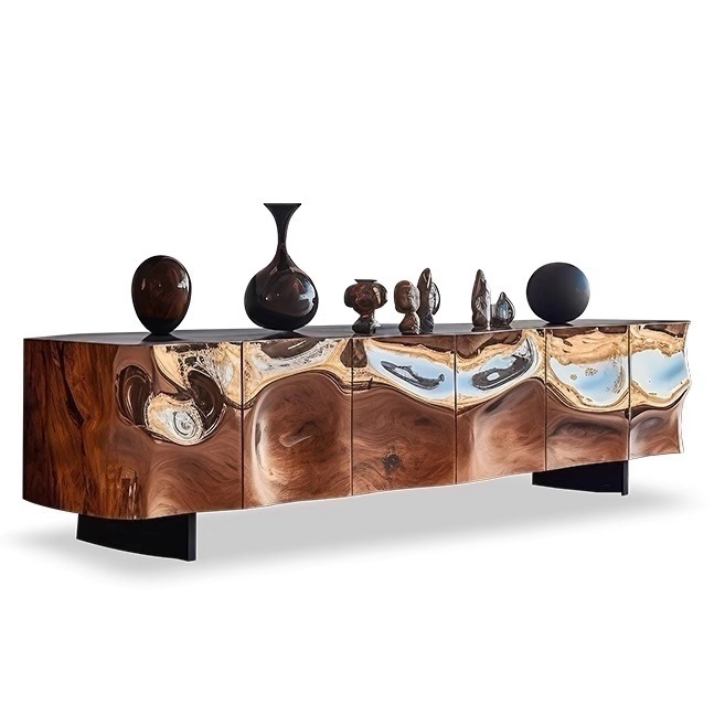Designer Sculptural Walnut TV Stand, Italian Luxury Postmodern Media Console Cabinet, High-End Artistic Wood Sideboard for Living Room