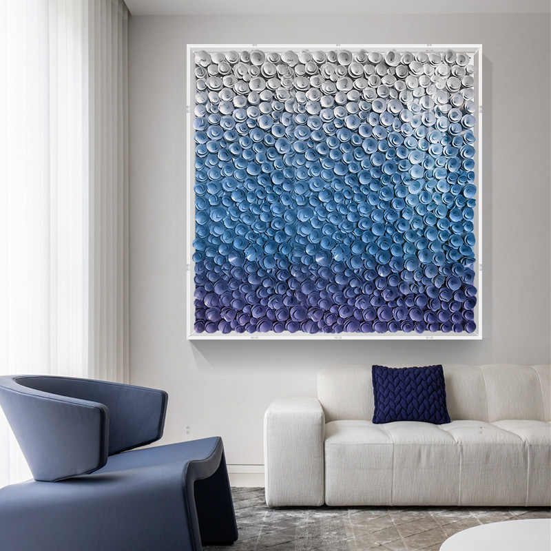 Modern 3D Wooden Floral Wall Art, Luxury Blue Gradient Acrylic Box Frame, Large Sofa Background & Entryway Decorative Panel