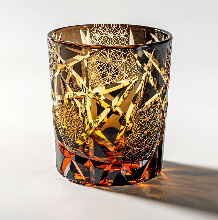 "Twilight of the Gods" Edo Cut Amber Whiskey Glass 260ml – Handcrafted Asian Style Old Fashioned Crystal Tumbler