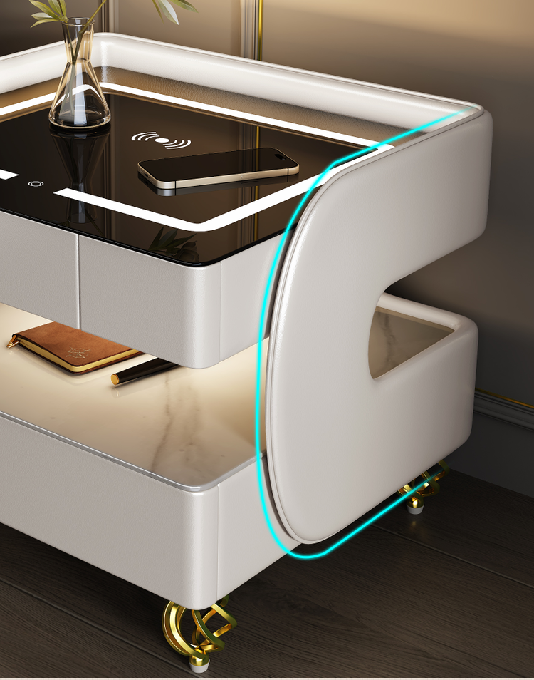 Italian Ultra-Modern Smart Nightstand – Wireless Charging Station with LED Accent Lighting, Bluetooth Speaker & Multi-Level Storage