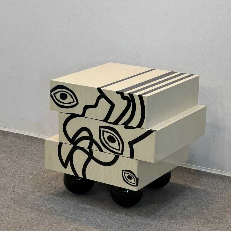 Luxury Artistic Hand-Painted Bedside Cabinet, Cream Style Modern Storage Table, Irregular Designer Nightstand for Bedroom or Living Room – Left Side, Pre-Assembled
