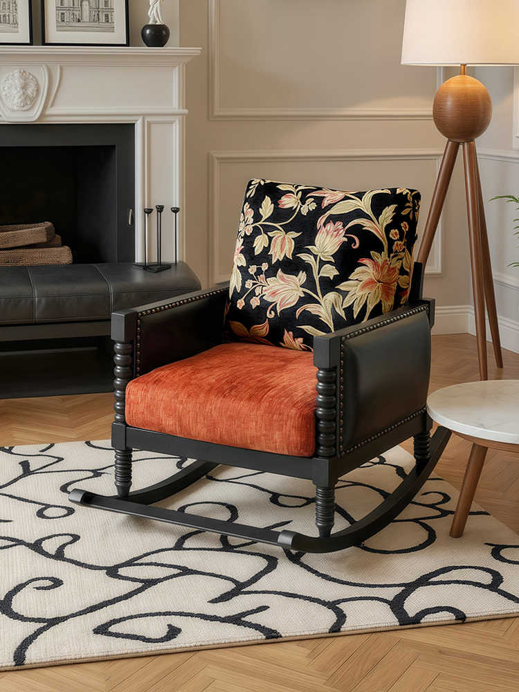 Vintage Solid Wood Rocking Chair – Designer Black/Floral Jacquard Lounge, Balcony/Study/Leisure