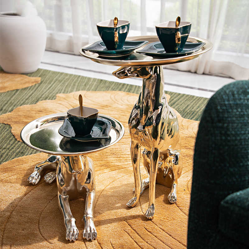 Luxury Metallic Greyhound Side Table Sculpture – High-End Chrome Finish Dog Statue with Serving Tray, Contemporary Animal Art Furniture