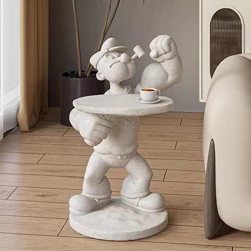 Popeye Sailor Man Sculptural Side Table, Creative Art Designer Resin Figure Accent Table, Modern Cartoon Character Coffee Table for Living Room, Light Gray
