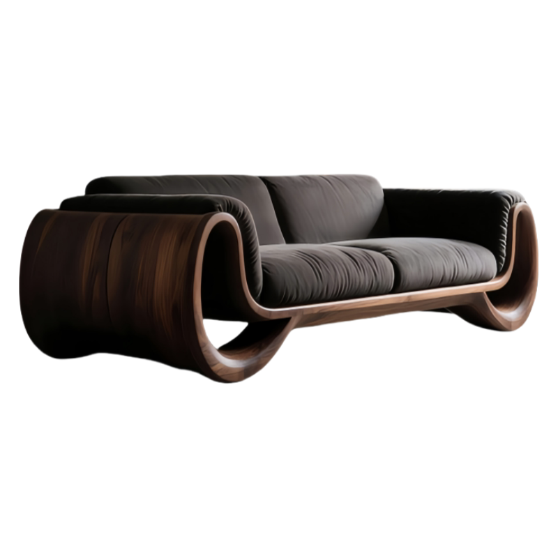 Contemporay New Walnut Sofa – Sculptural Curved Wood Frame with Premium Upholstery, Luxury Modern Living Room Furniture