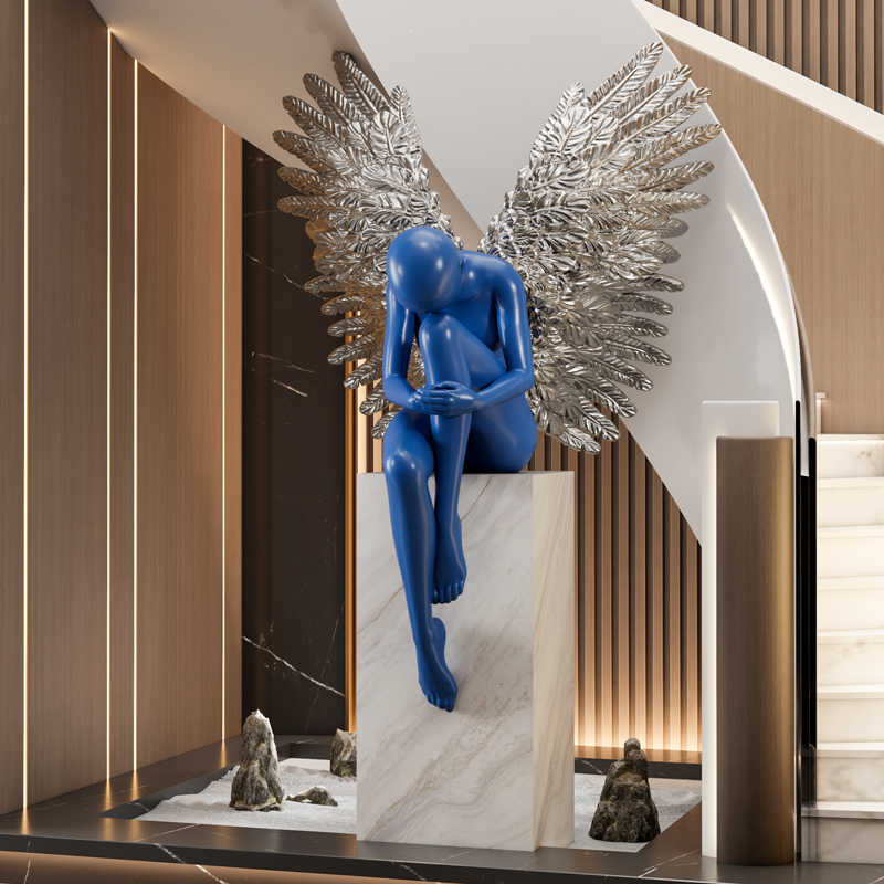 Modern Sitting Angel Sculpture with Silver Wings – Blue Contemporary Art Figure for Hotel Lobby & Living Room Display