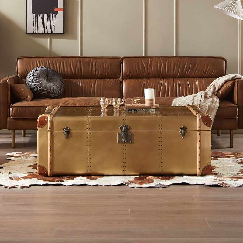 Vintage Industrial Aluminum & Leather Trunk Coffee Table – Antique Bronze Finish Mid-Century Storage Ottoman with Metal Hardware