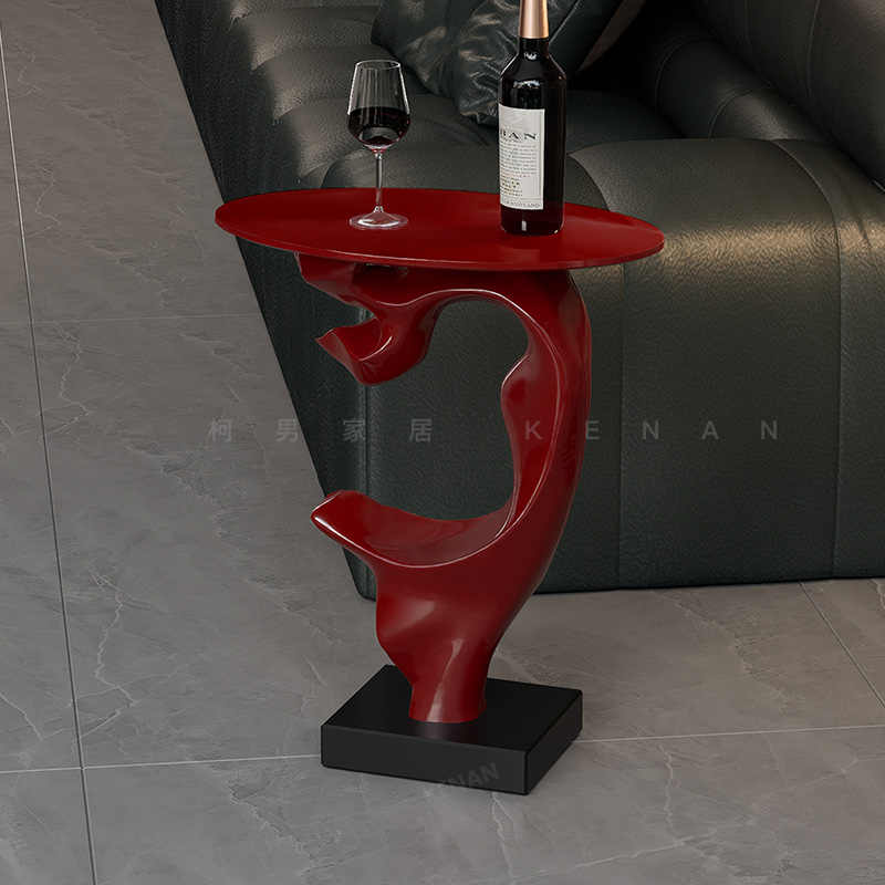 Modern Sculptural Red Accent Side Table – Luxury Designer End Table for Living Room, Study, Bedroom, Minimalist Artistic Sofa Table