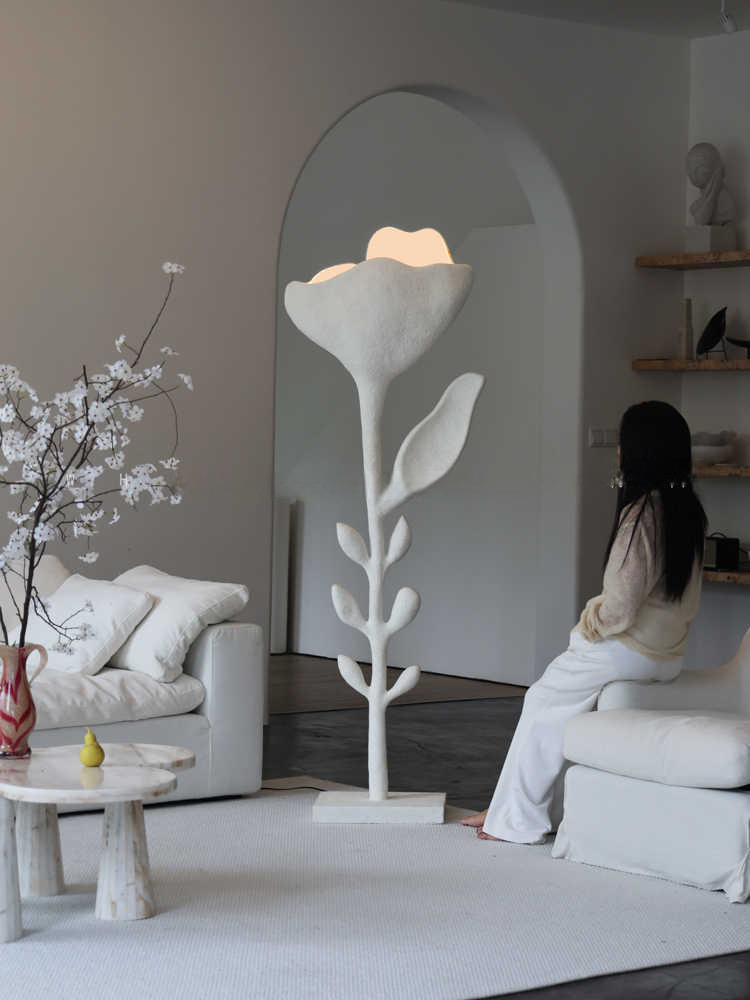 Floral Art Sculpture Floor Lamp, White Distressed Fiberglass Flower Design for Modern Living Room, Studio, or Hotel Decor