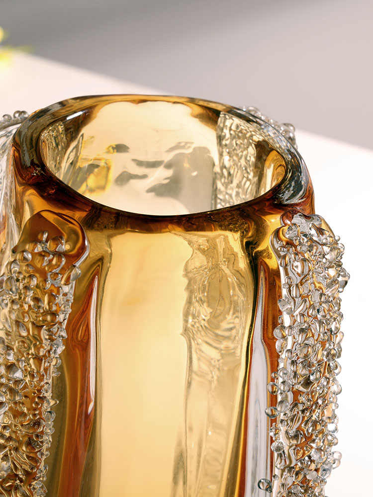 Luxury Modern Crystal Glass Vase, Amber Gold Textured Flower Vase with Chain Pattern for Living Room Hotel Entryway, Contemporary Water Arrangement Decor
