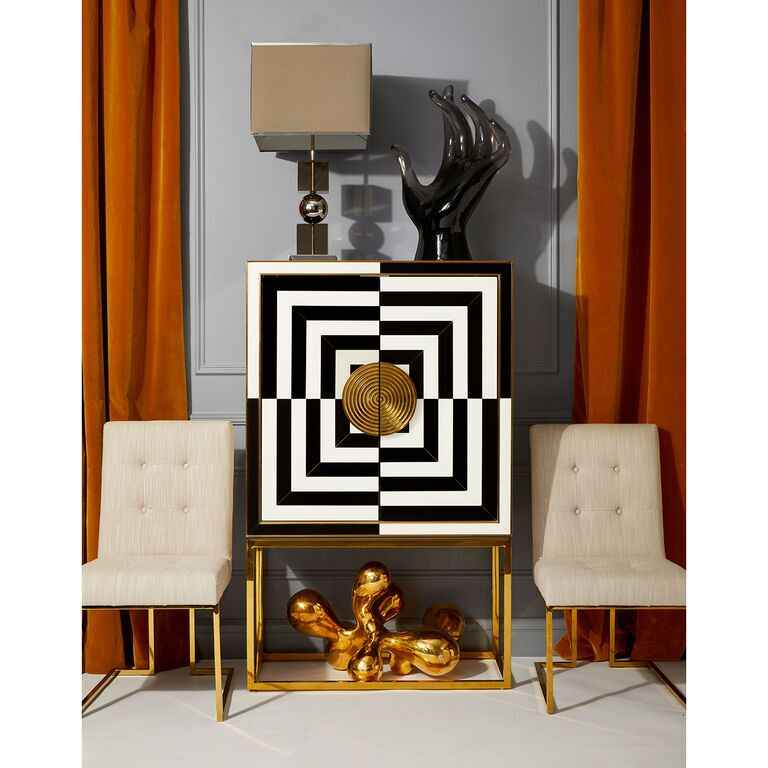 Luxury Postmodern Sideboard Cabinet – Geometric Black & White Op Art Design with Gold Frame for Living Room & Entryway