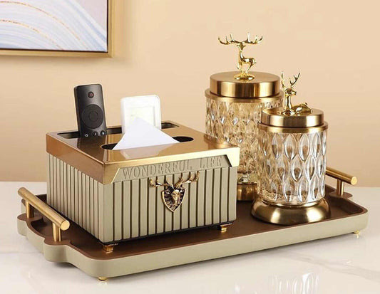 Luxury Tissue Box and Tray Set, High-End Gold-Lid Organizer with Decorative Jars for Living Room, Coffee Table, Desktop Storage