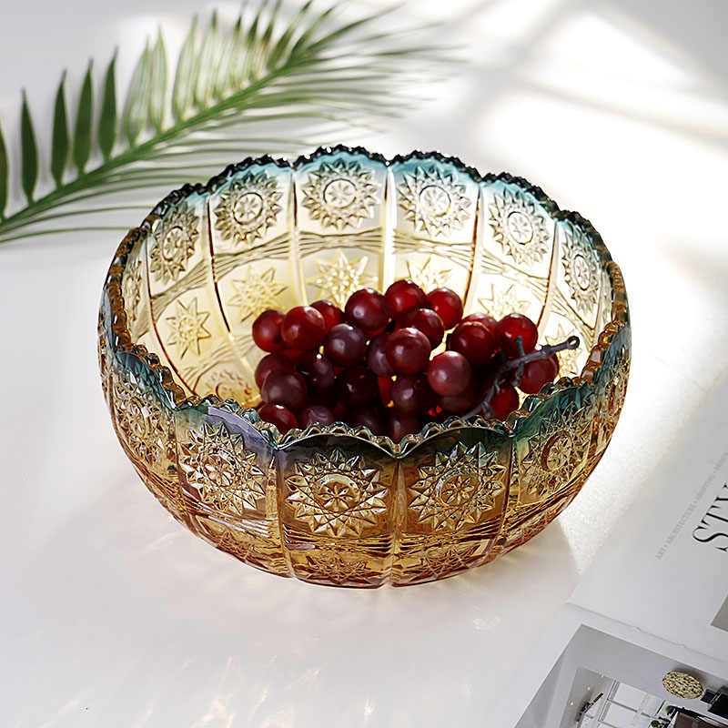 Luxury Crystal Glass Fruit Bowl, Embossed Star Pattern Serving Dish with Gradient Colors, Home Living Room Coffee Table Snack Bowl