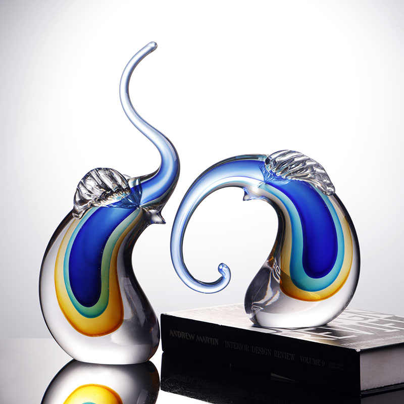 Luxury Rainbow Glass Elephant Figurines Pair, Crystal Art Ornaments with Curved Trunks for Good Fortune, Living Room Office Decor & Housewarming Gift, Set of 2