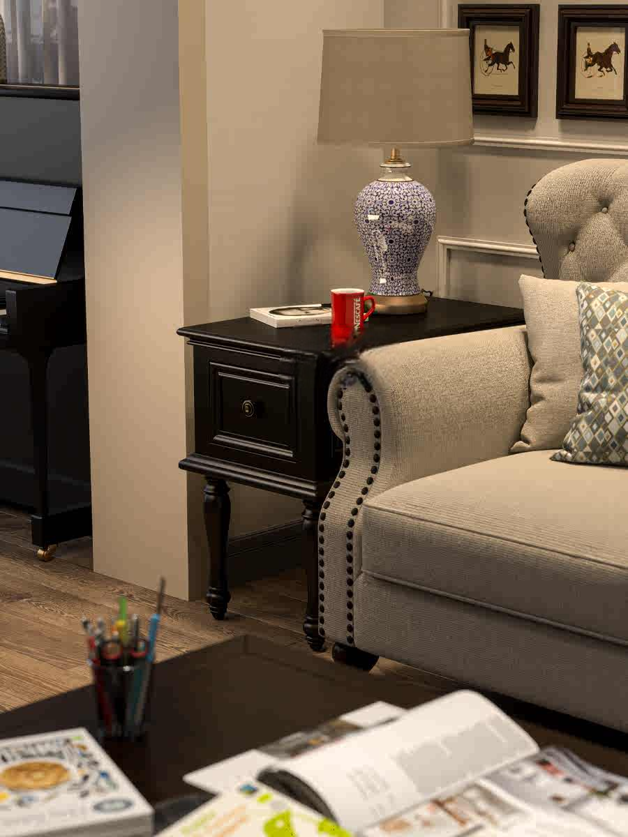Solid Wood Square Side Table, Modern Minimalist Black Single-Drawer End Table for Living Room, Sofa, Bedroom